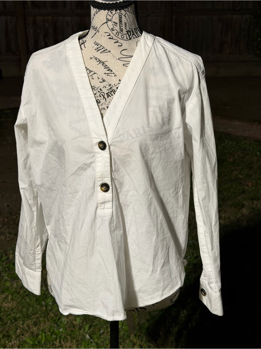 Zara Basic White Cotton V-Neck Popover Blouse Split Open Tie Back Shirt XS